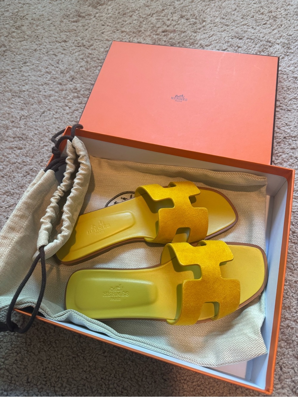 NEW Hermes Oran Sandals in Jaune Yellow Suede